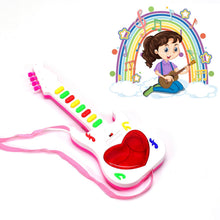 A child happily interacting with the colorful light-up guitar for kids.