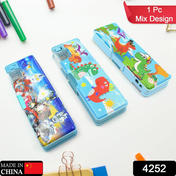 Three pencil cases, two blue with dinosaurs and one blue with Ultraman characters, on a white surface.
