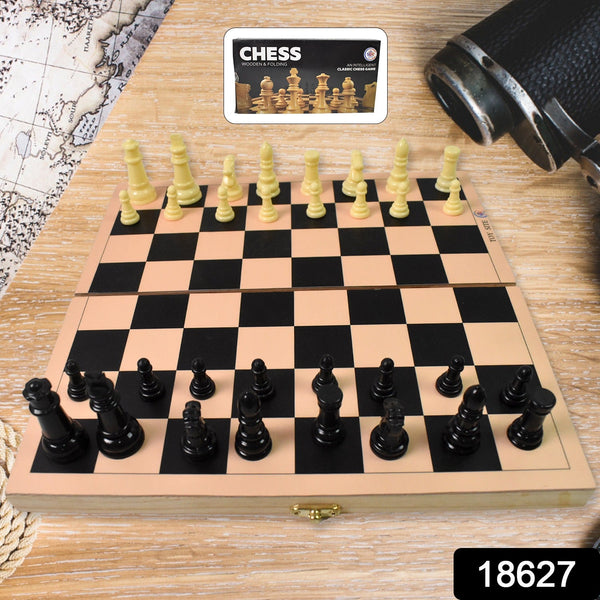 Close-up of the finely crafted wooden chess pieces in brown and yellow.