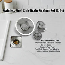 Pack of three stainless steel sink drain strainers neatly arranged