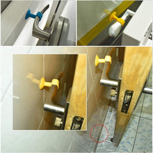 A yellow silicone door stopper is shown in four different applications on door handles and protecting a wall from a door.