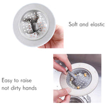 Two images; top shows a hand squeezing a flexible grey strainer, bottom shows a hand lifting a strainer with food scraps.