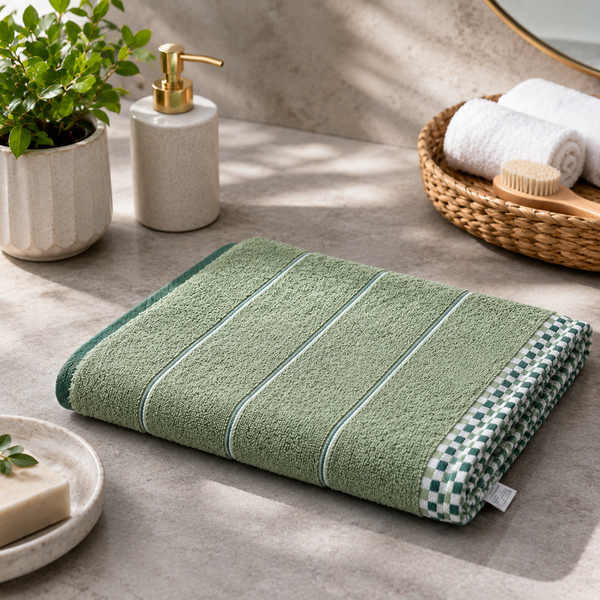 A folded green striped cotton hand towel rests on a bathroom counter next to a plant and soap dispenser.