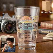 Vintage trivia glass beverage tumbler showing colorful print