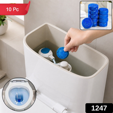 A hand places a blue toilet cleaner tablet into a toilet tank, with an inset showing a blue toilet bowl and a red '10 Pc'