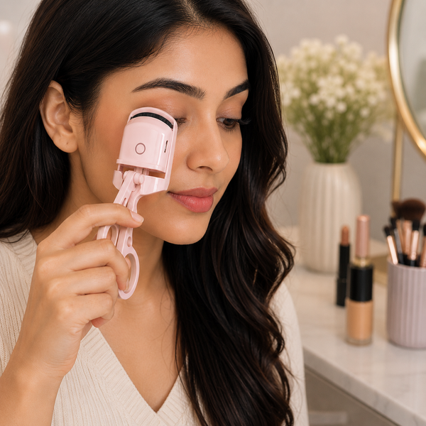 A woman uses a pink electric heated eyelash curler on her right eye, with makeup brushes in the background.
