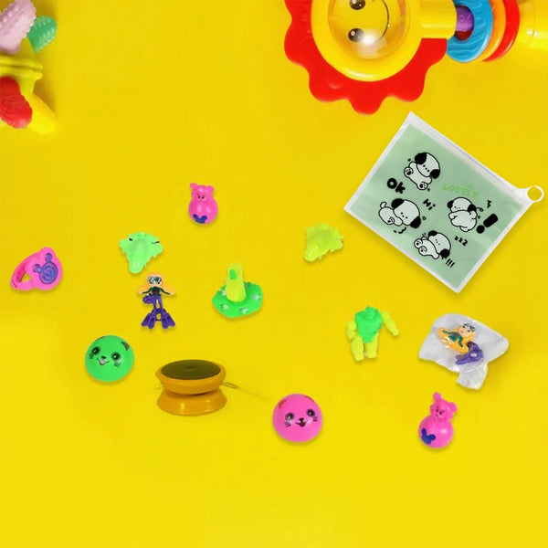 A collection of small, colorful plastic toys in a clear pouch.