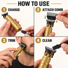 Four step-by-step instructions show charging, attaching a comb, trimming a beard, and cleaning a gold dragon-patterned hair