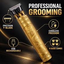 A gold dragon-embossed hair trimmer is featured with icons highlighting its precision T-blade, cordless freedom, USB