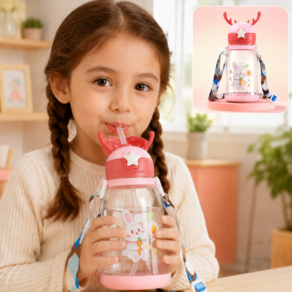A young girl holding a pink and clear water bottle with a bunny design and deer antlers on the lid.