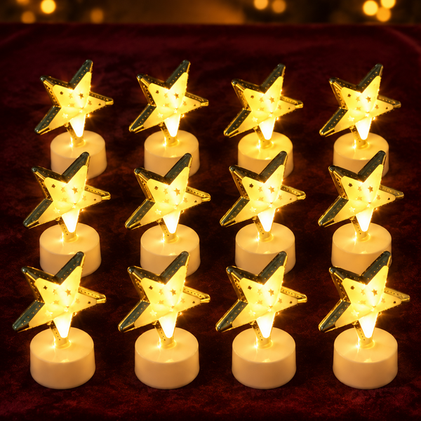 Twelve glowing star-shaped LED candles with gold frames and white bases arranged on a red velvet surface.