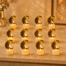 Twelve crescent moon shaped flameless LED candles with gold tops and white bases illuminate a marble surface.