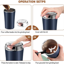 A four-step infographic demonstrates how to use the grinder, from pouring coffee beans to pressing the button and pouring