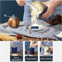 A person uses a white spoon to scoop ground powder from the dark blue grinder into a glass bowl, with steps for grinding