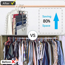 Lifestyle shot of the Organivo 5-in-1 pants rack neatly organizing trousers in a closet.