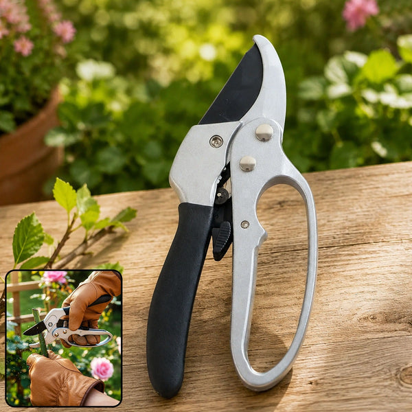 Silver and black pruning shears on a wooden surface with a small inset image of them in use.