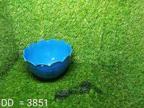 Durable hanging flower pot with drainage hole, suitable for outdoor use.