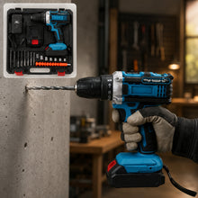 A gloved hand holds a blue and black cordless drill, drilling into a concrete wall, with the full kit shown in an inset.