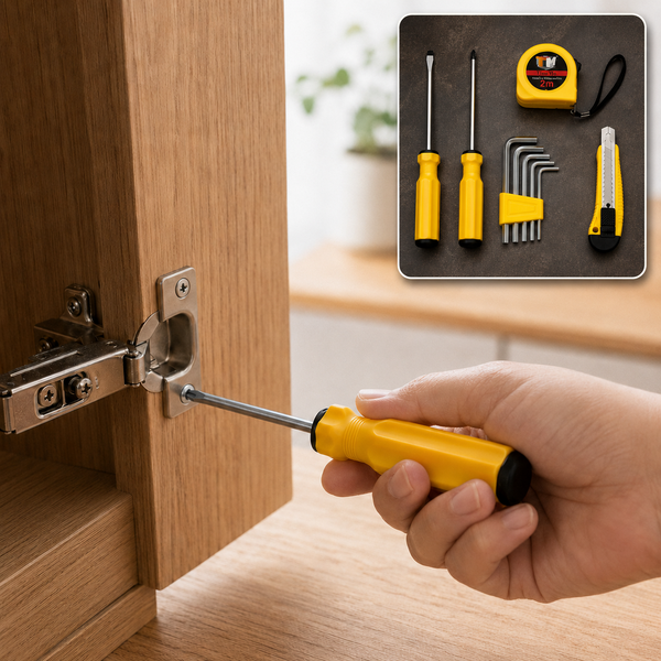 A hand uses a yellow screwdriver to tighten a screw on a wooden cabinet hinge, with a tool set inset.