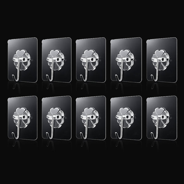 Transparent adhesive wall hooks 10pc set on white background