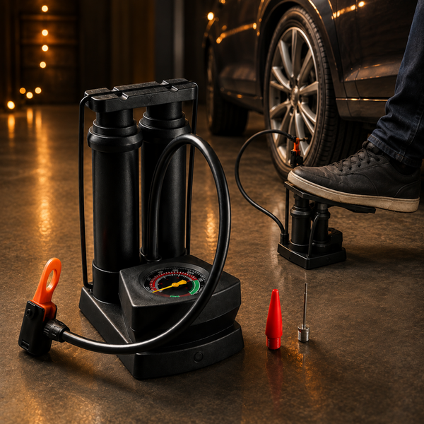 A black foot air pump with a pressure gauge and orange nozzle, next to a car tire being inflated.
