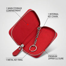 Open red zippered leather car key case with labels pointing to its main compartment, internal key chain, metal key ring, and