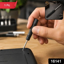 A hand uses a black and silver mini screwdriver to tighten a screw on a black device, with a small inset showing the full