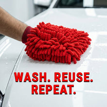 A person's hand in a red microfiber chenille wash glove on a white car hood, with text 