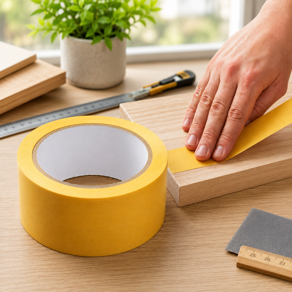 A hand applies yellow double-sided tape to a light wooden board on a desk with a plant and tools.