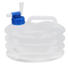 A translucent collapsible water container with a blue spigot and white handle is shown fully collapsed against a white