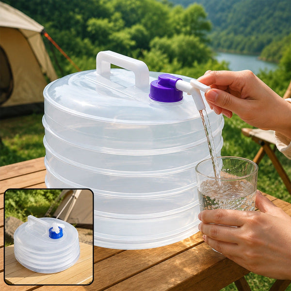 A person dispenses water from a translucent collapsible container with a purple spigot into a clear glass on a wooden table
