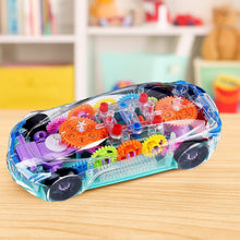 Front view of the transparent gear car toy with colorful lights and musical feature.