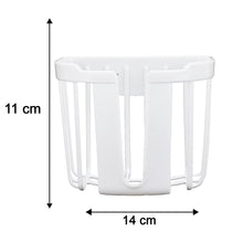 A white plastic toilet paper holder is shown with dimensions: 11 cm height and 14 cm width.