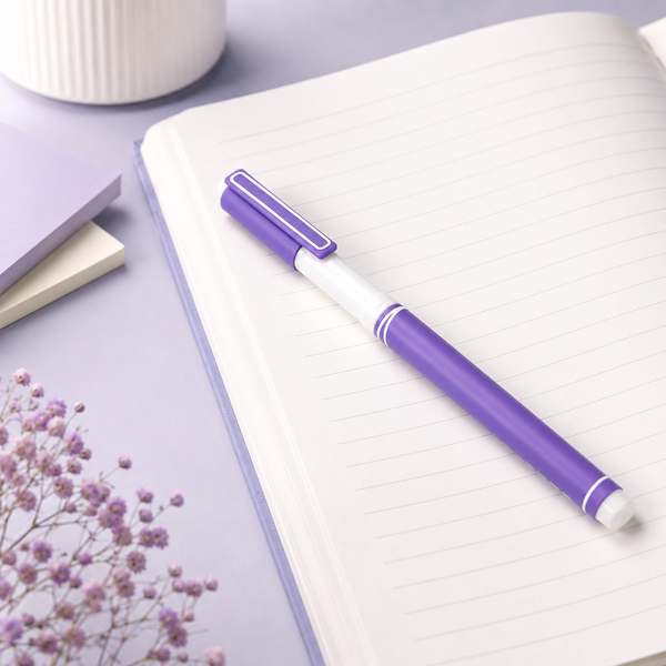 A purple gel pen with a white barrel and cap clip rests on an open lined notebook.