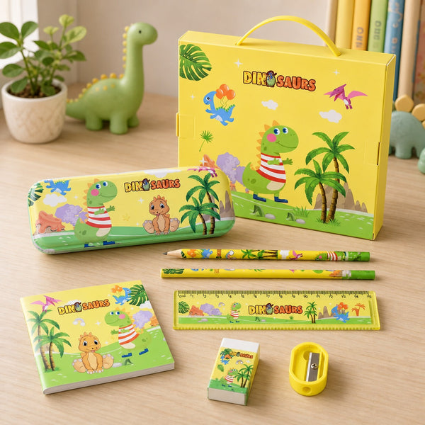 A yellow dinosaur-themed stationery set, including a pencil case, two pencils, a ruler, a notebook, an eraser, and a