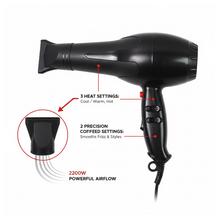 A black hair dryer with red buttons, showing callouts for 3 heat settings, 2 speed settings, and 2200W airflow.