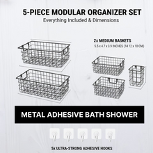 Set of five adhesive metal shower caddies easy to install without drilling