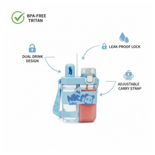 Top-down view highlighting the dual straws and separate compartments of the water bottle.