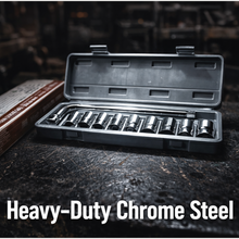 An open grey socket wrench set case with chrome sockets sits on a dark wooden surface, with text