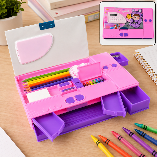 Pink space-themed pencil box with multiple compartments and a built-in calculator, filled with stationery.