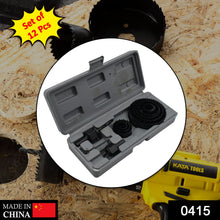 Comprehensive 12-piece hole saw kit for precise cuts in wood and plasterboard.