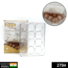Top-down view of a transparent 12-egg holder with fresh eggs inside.