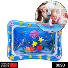 A blue inflatable water mat with floating sea creatures, and an inset of a baby and adult playing.