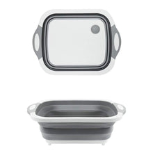 Overhead view of the multi-function foldable chopping board, dish rack, and washing bowl.