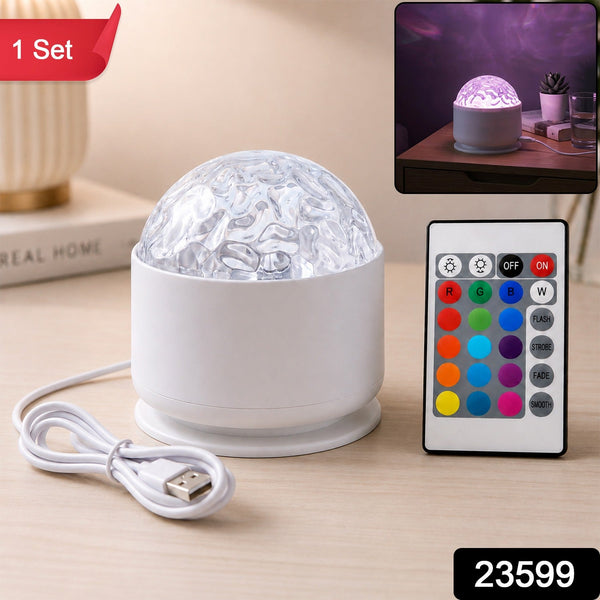 A white LED projection light with a clear textured dome and a remote control on a wooden table, with a small inset showing