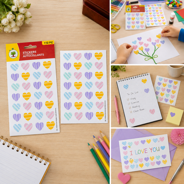 Two sheets of heart stickers with various colored stripes, surrounded by art supplies on a wooden table.