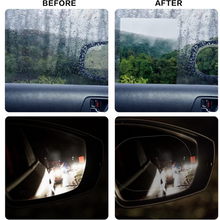 Visual representation of how the anti fog film prevents mist and glare on a car's side mirror.