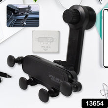 Side view of a car phone holder with gravity-sensing arms gripping a smartphone.