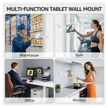 A collage shows a tablet wall mount being used in a warehouse, gym, office, and kitchen.