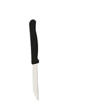 Demonstration of the kitchen knife's sharp stainless steel blade for effortless slicing.